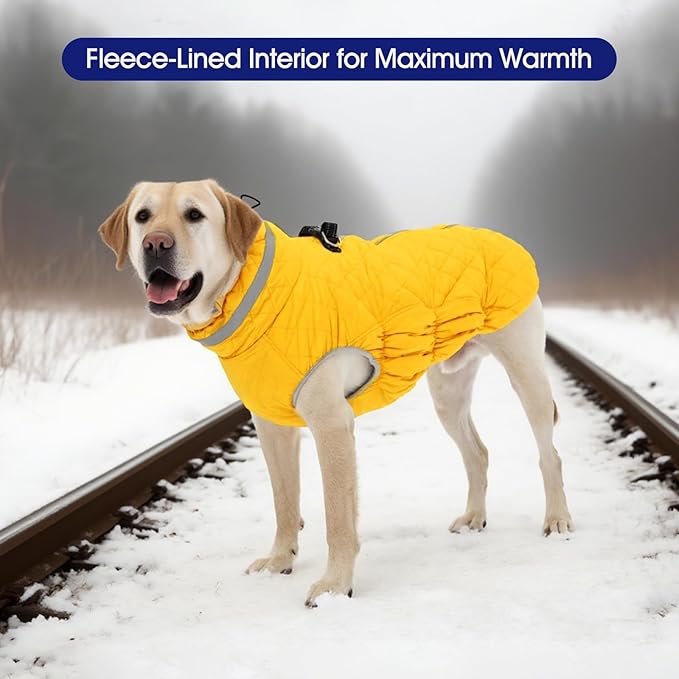FUAMEY Dog Coat for Large Dogs,Waterproof Dog Winter Jacket with Harness Built in Puppy Cold Weather Coats Reflective Pet Vest with Zipper Warm Fleece Dogs Snowsuit Windproof Yellow XL