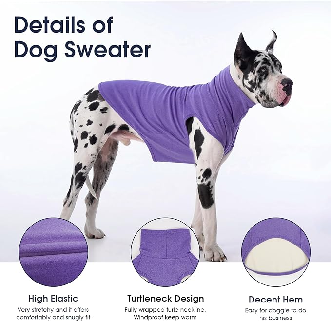 IECOii 4XL Dog Sweater - Stretch Fleece Sweater with Turtleneck,Purple,XXXX-Large, Warm Pullover Sweatshirt Pajamas for Indoor Sleeping/Outdoor Walking, Comfort Fit for Giant Breeds Like Great Dane