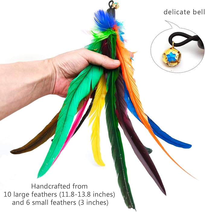 miwoowim 2PCS Retractable Cat Teaser Wands & 9PCS Feather Refills Toy Set | Dual-size telescopic rods (50" & 38"), da bird feather attachments with bells replacement,interactive fishing pole toys