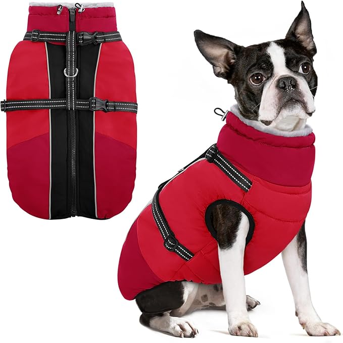 SUNFURA Dog Winter Coat, Warm Dog Coat with Harness for Medium Dogs Boys Girls, Reflective Fleece Lined Pet Winter Jacket Snowsuit for Pug, Jack Russel, Schnauzer, Red M