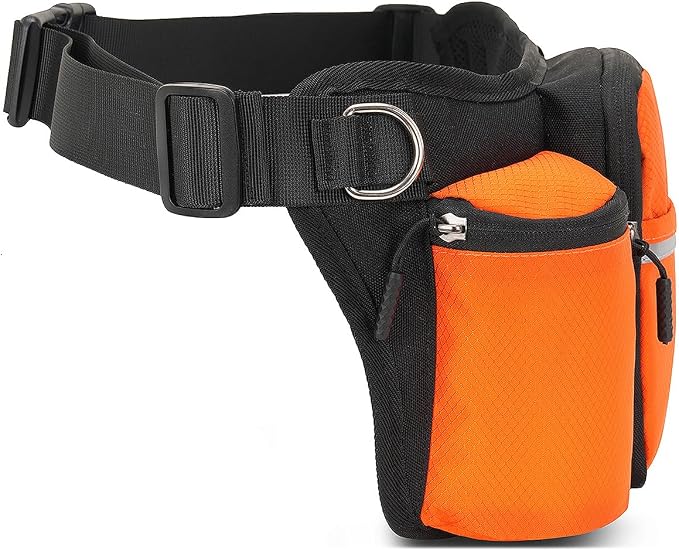 Hands Free Dog Leash Waist Pack with Bungee & Treat Pouch Oxford Water-Resistant Multi-Pocket Belt for Walking Hiking Jogging and Dog Walking (Grey)