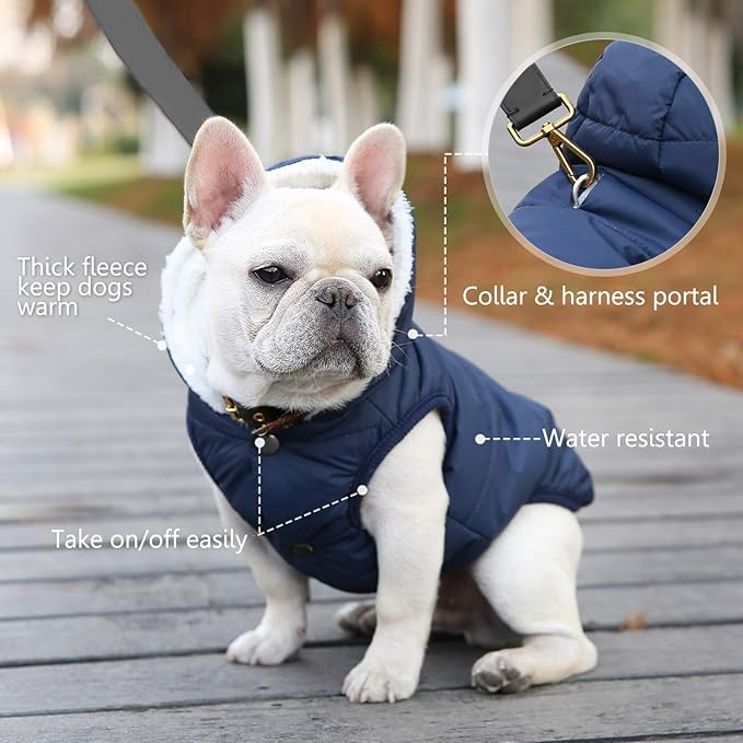 Fleece Hoodie, Windproof Waterproof Coat, Winter Warm Jacket, Cold Weather Pet Apparel Clothes Vest for Small Medium Large Dogs (M, Blue)