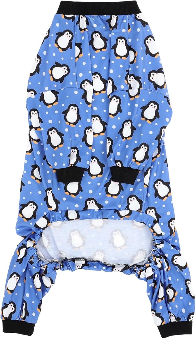 HDE Dog Pajamas One Piece Jammies Jumpsuit Pet Clothes Outfit Stretchy Lightweight Comfy Shirt Pjs for M-3XL Dogs Penguin Polka Dots - 2XL