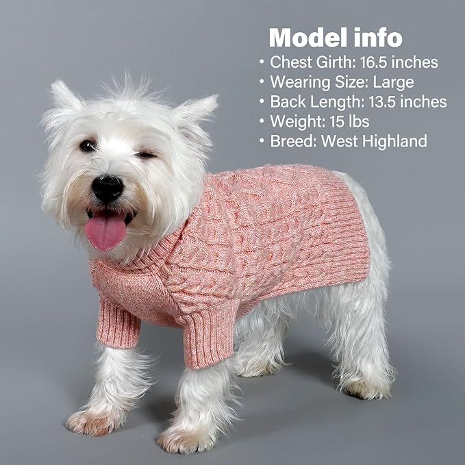 KYEESE Dog Sweater for Small Dogs, Classic Cable Knit Pets Sweater for Small Pet Stretchy Dog Coats Turtleneck Pet Sweater with Long Sleeve Dogs Clothes for Cold Weather, Pink, Large