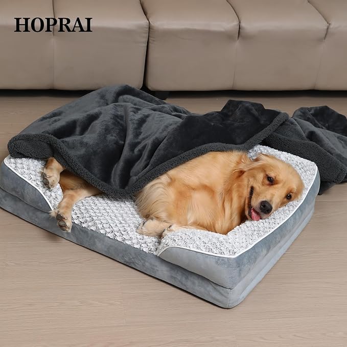 HOPRAI Waterproof Pet Blanket for Medium Large Dogs Washable Fluffy Thick Jacquard Shag Fleece Warm Sherpa Pet Blanket Cats Puppy Couch Protection (Gray XL57*85inches)