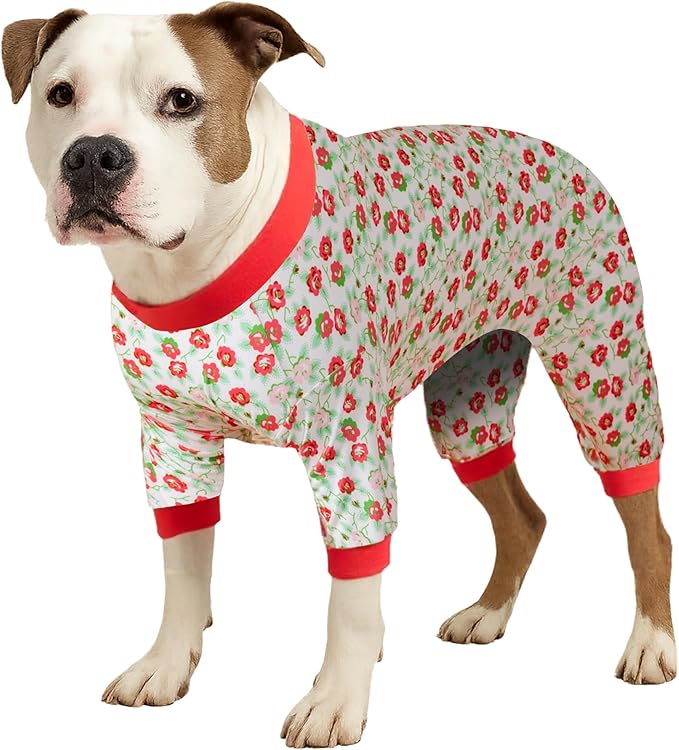 LovinPet Pajamas for Big Dogs, Pet Anxiety Calming Shirt, Anti Licking Dog Pajamas, Pink Granny Print, Pitbull Clothes, 4 Legged Pullover Large Dog Pjs for Parties, Camping, Travel, and Home,3XL