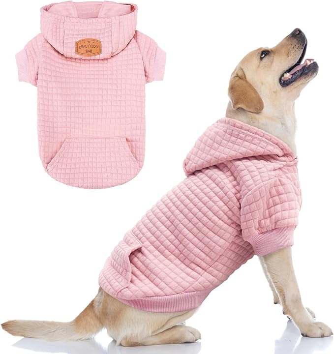 BEAUTYZOO Small Dog Hoodie Sweater with Pockets, Dog Clothes for Small Medium Dogs Boy Girl, Waffle-Like Laminated Cotton Pet Coats with Hat and Leash Hole, Pink XL