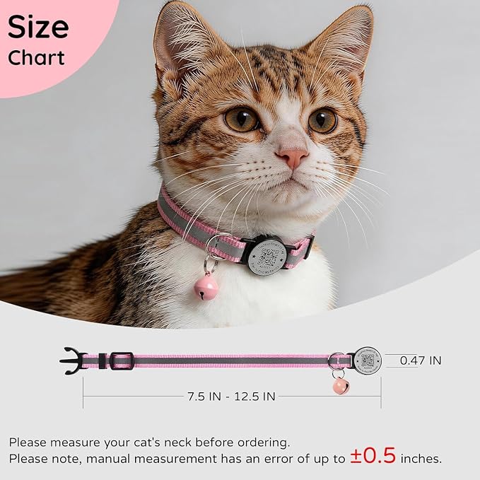 Breakaway Cat Collar QR Code, Reflective Bell, Adjustable Kitten Pink 2pk