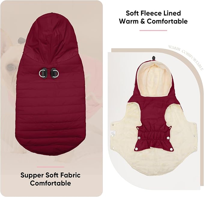 Fleece Lining Dog Hoodie with Harness Built in,Extra Warm Small Dog Jacket in Winter Puppy Coats with Drawstring Hooded,Red M
