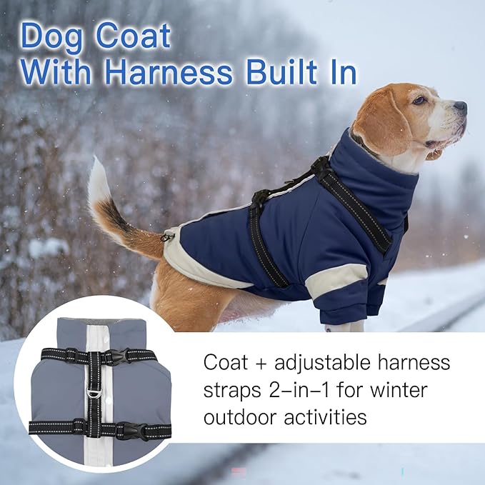 Turtleneck with Sleeves Dog Coats for Medium Dogs-L| Jackets with Reflective Harness Built in,Water-Repellent & Windproof Snowsuit,Soft Warm Lining for Beagle Cold Protection(Navy-Blue)