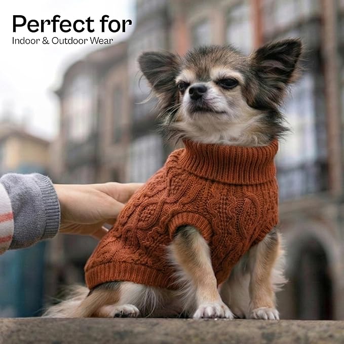 Parisian Pet Unisex Dog Sweaters - Pull Over, Turtle Neck Dog Sweater - Cable Knit Terracota Thick Pet Sweater - Fall, Winter Puppy Clothes - Flexible Arm Holes Sweater for Small Dogs - XS