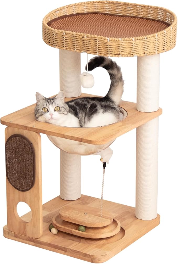 LULUCAT Cat Tree Tower, Freestanding, Stylish, Cushioned Bed, Large Base, for Multiple Cats, Compact, Winter and Summer Use, Summer Mat Included, for Large Cats (81cm Brown)