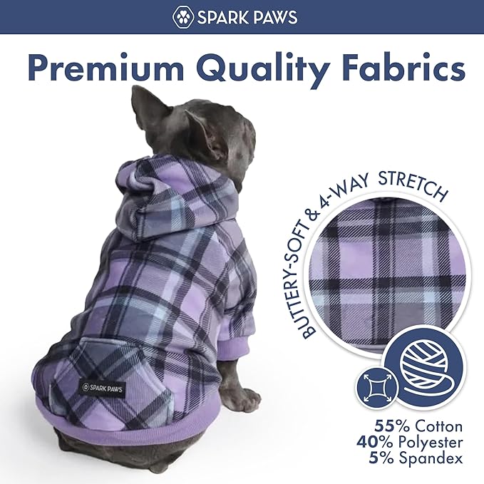 Spark Paws Dog Hoodie – Premium Dog Sweater for Small, Medium, and Large Dogs | Warm Outfits for French Bulldogs, Pitbull, Puppy, Winter Jacket Alternative - Purple Plaid - L