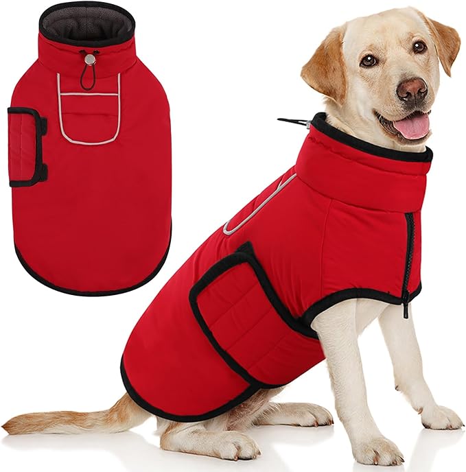 AOFITEE Large Dog Winter Coat, Waterproof Jacket with Harness Hole, Warm Fleece Puffer Jacket for Large Dogs, Reflective Windproof Snowsuit for Dogs, Dachshund, French Bulldog, L
