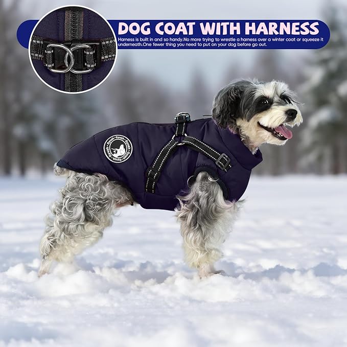 Gyuzh Dog Coat with Harness Winter Dog Coat Fleece Dog Jacket Waterproof Dog Coat Zipper Dog Jacket Puppy Coat Small Dog Clothes Dog Coat with Reflective Harness for Smal Medium Large Dogs