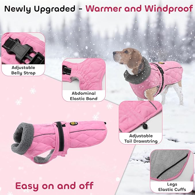 Dog Winter Jacket, Adjustable Water-Resistant Dog Warm Coat with Fleece Lining, Windproof Cold Weather Coats for Winter, Reflective Snow Jacket for Labrador Golden Retriever, NewPink XL