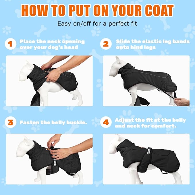 DoggieKit Dog Winter Coat, Waterproof Warm Jacket with Harness Built in, Reflective Cold Weather Doggie Vest, Windproof Turtleneck Pet Snowsuit, Adjustable Puffer Jacket for Medium Dogs, Black 3XL