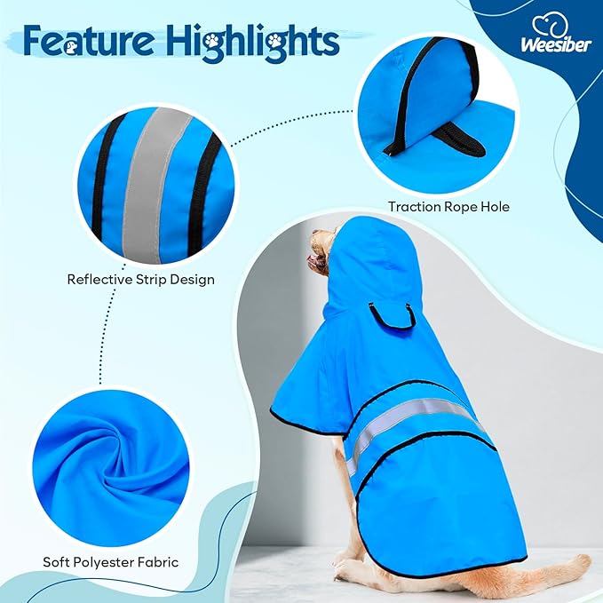 Weesiber Dog Raincoat, Adjustable Dog Rain Jacket Hooded Poncho Slicker, Reflective Pet Rain Coat for Walking (L, Blue)