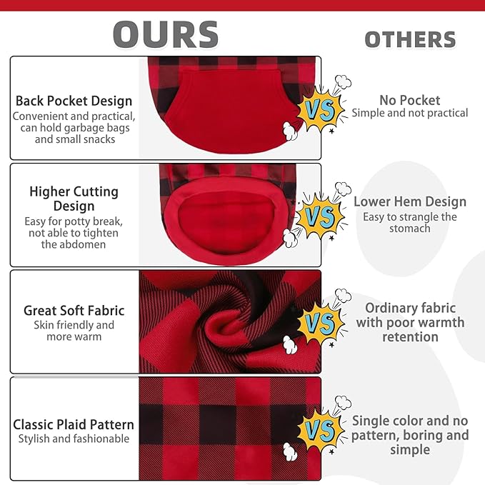 KOOLTAIL Dog Christmas Hoodie for Small Medium Large Dogs - Red Plaid Dog Christmas Outfit Sweater with Hat & Pocket for Cold Winter,Warm Soft Hooded Sweatshirt Clothes for Puppy Cats Girl Boy XL/XXL