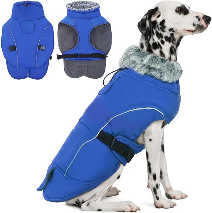 DENTRUN Winter Warm Dog Coat Reflective Jacket with Turtleneck for Cold Weather, Adjustable Buckle Windproof Water Repellent, Thick Snowsuit Fleece Vest for Small, Medium, Large Dogs, Blue, XL