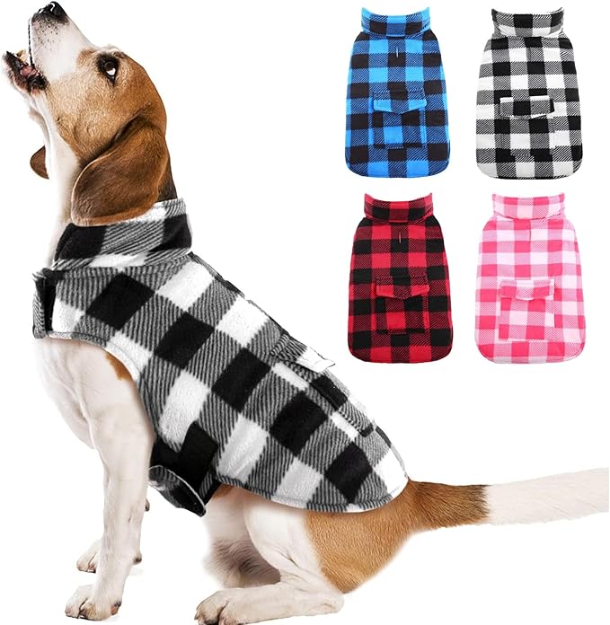 Kuoser Dog Winter Coat, Windproof Dog Fleece Jacket British Style Plaid Cold Weather Doggie Vest Coats, Reversible Cozy Warm Puppy Clothes Pet Apparel for Small Dogs S
