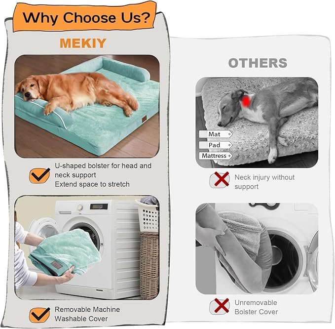 Orthopedic Large Dog Bed Washable, Orthopedic Dogs Bed with Removable Cover, XLarge XL Pet with Bolster, Washable Aqua Blue Large Dog Beds with Egg Foam for Medium Gaint Dogs