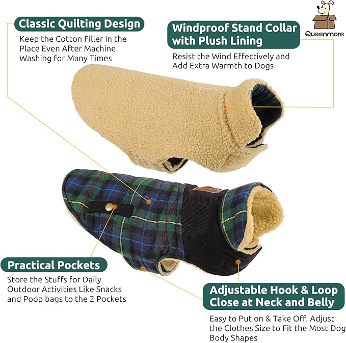 Queenmore Dog Winter Coat Warm Dog Jacket for Cold Weather, Quilting Puffer Plaid Coats for Small/Medium Dogs Waterproof,Girl/Boy Pet Christmas Coat,Pet Snowsuit with Leash Hole/Fleece Padding, S