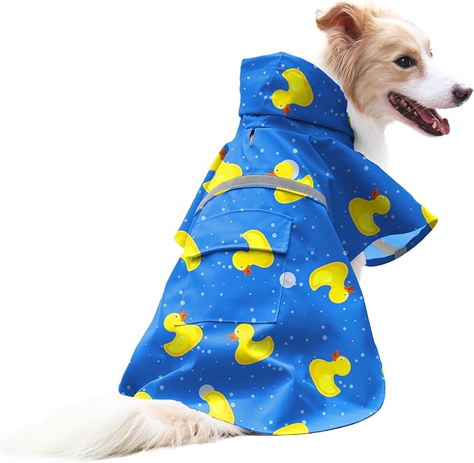 NACOCO Large Dog Raincoat Adjustable-Pet Rubber Ducks Yellow Water Proof Clothes Lightweight Rain Jacket Poncho Hoodies with Strip Reflective Blue (Blue XL, Yellow Duck)