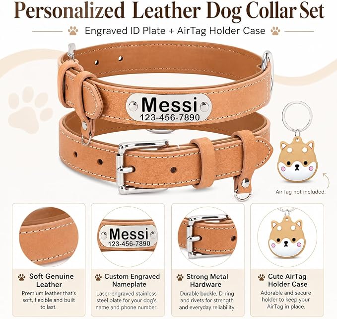 Personalized Genuine Leather Dog Collar with Name Phone Number-Khaki-M