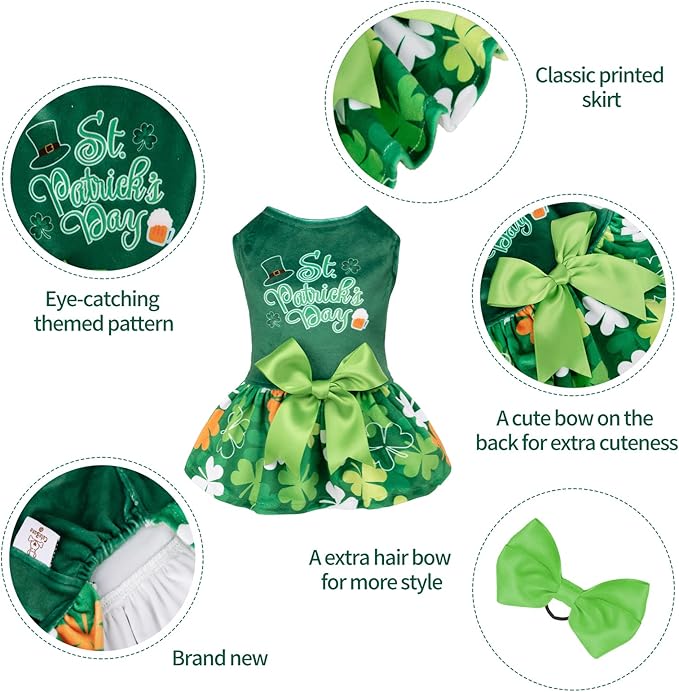 CuteBone St.Patrick's Day Dog Green Dress Velvet for Small Dogs Girl Puppy Dresses Clover Dog Clothes CVA13L-D