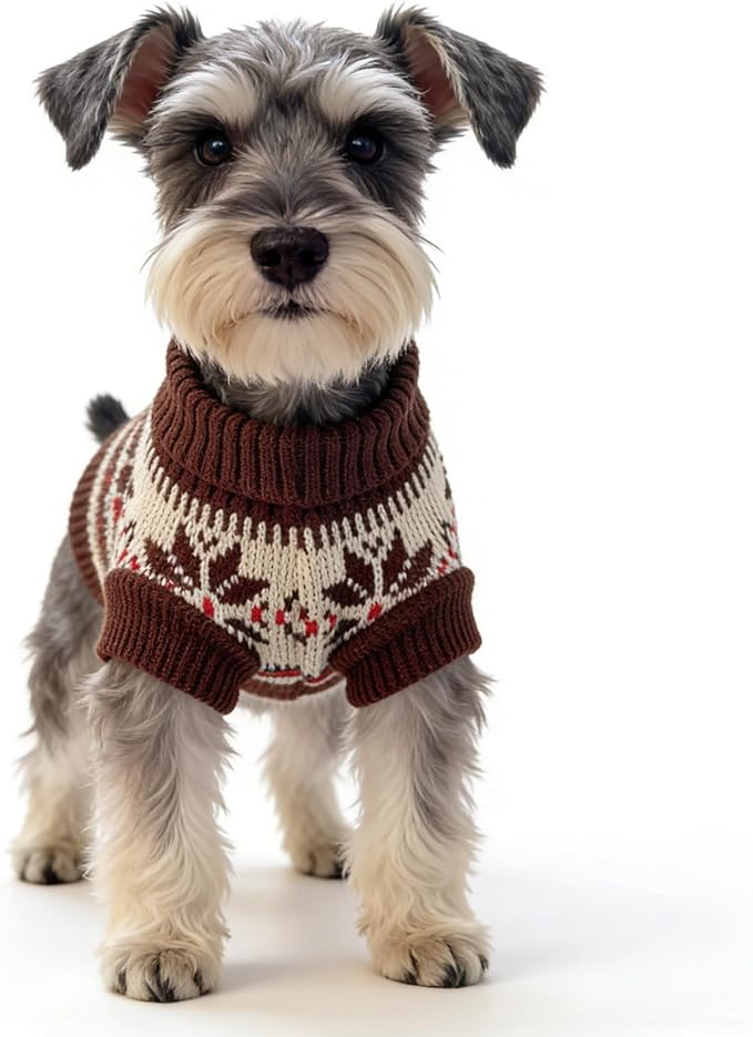 Small Dog Cold Weather Sweaters – Warm Knit Turtlenecks, Cozy Pet Pullovers Dog Clothes with Leash Hole for Chihuahua Bulldog Pug Beagles (Brown/White, X-Small)
