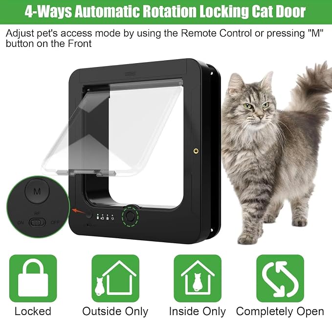 Microchip Cat Flap 11.5" x 10", Automatic RFID Pet Door with 2 Collar Sensors & Remote Control, 4-Way Locking Weatherproof Smart Cat Door for Small Dogs Brown