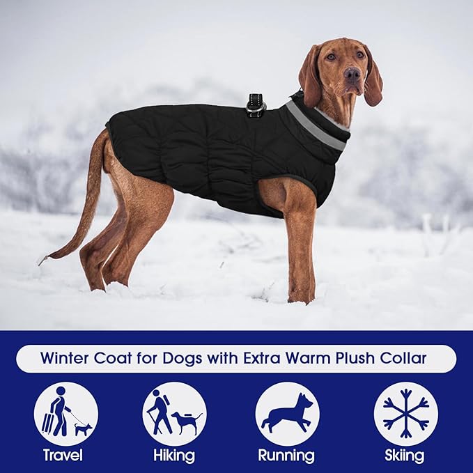 FUAMEY Dog Coat for Large Dogs,Waterproof Dog Winter Jacket with Harness Built in Puppy Cold Weather Coats Reflective Pet Vest with Zipper Warm Fleece Dogs Snowsuit Windproof Solid Black XL