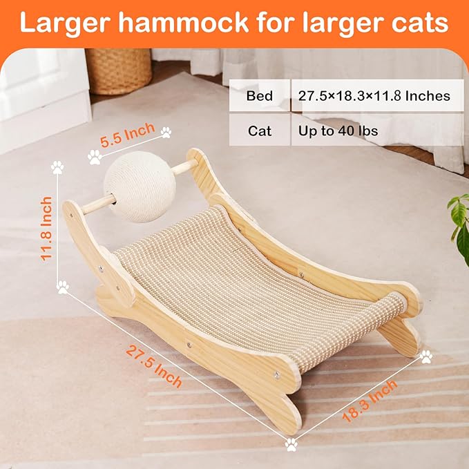 UUig Cat Scratcher Bed Natural Sisal Cat Scratch Chair Hammock, 27.5 Inch Extra Large Scratching Post Lounger Pad with Large Sisal Toy Ball for Indoor Cats