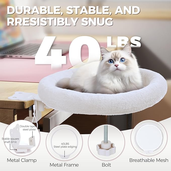 Rotating Cat Desk Bed for Remote Workers, Home Office Staff and Gamers ，Quality Soft Cat Bed, 360° Swivel, Removable Washable Cushion, Comfortable and Easy to Assemble, Supports up 40 lbs(White)