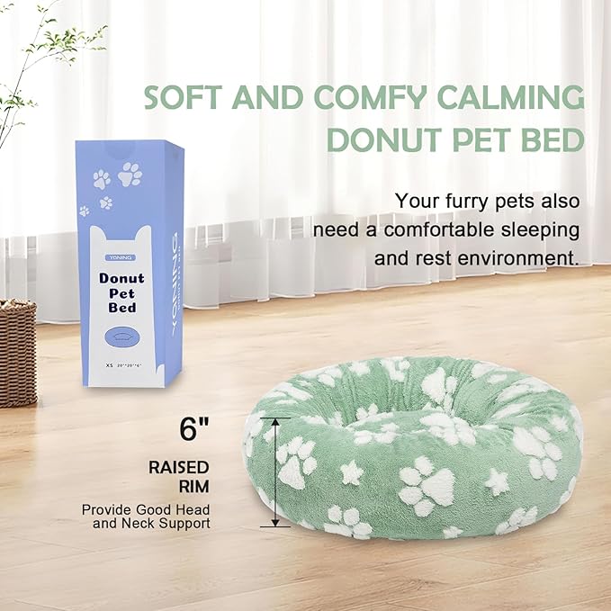 Yaning Donut Dog Beds for Small Dogs, Calming Round Cat Beds for Indoor Cats, Cute 3D Textured Paw Pet Bed with Removable Washable Cover and Anti-Slip Bottom（Green，20"）