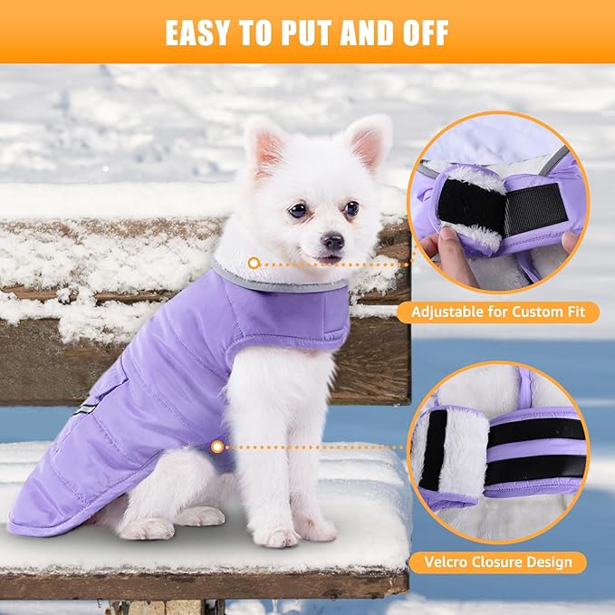 iBuddy Dog Winter Coat for Small Dogs, Easy on Dog Fleece Snow Jacket Velcro Waterproof Pet Puffer Clothes with Harness Hole Adjustable Reflective Quilted Pet Cold Weather Vest for Girl Female