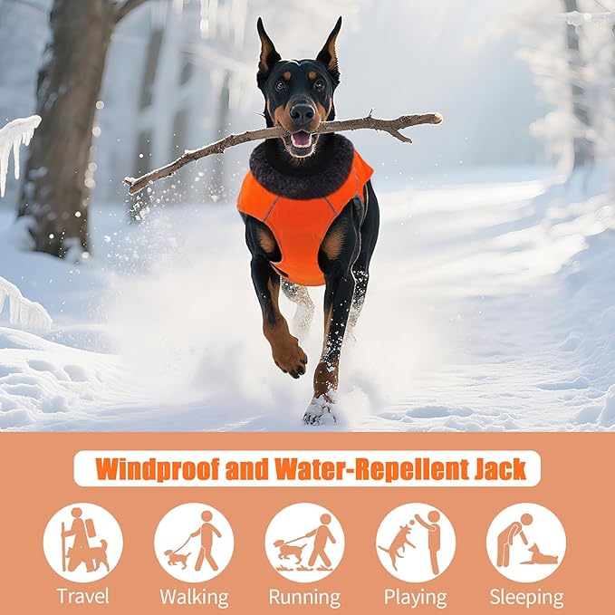 DENTRUN Winter Warm Dog Coat Reflective Jacket with Turtleneck for Cold Weather, Adjustable Buckle Windproof Water Repellent, Thick Snowsuit Fleece Vest for Small, Medium, Large Dogs, Orange, M
