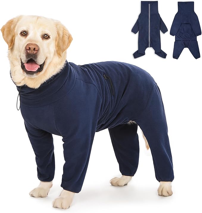 Dog Winter Coat for Large Medium Small Dogs, Warm Fleece High Collar Full Body Dog Jumpsuit Comfortable Onesie Apparel (Dark Blue, 4X-Large)