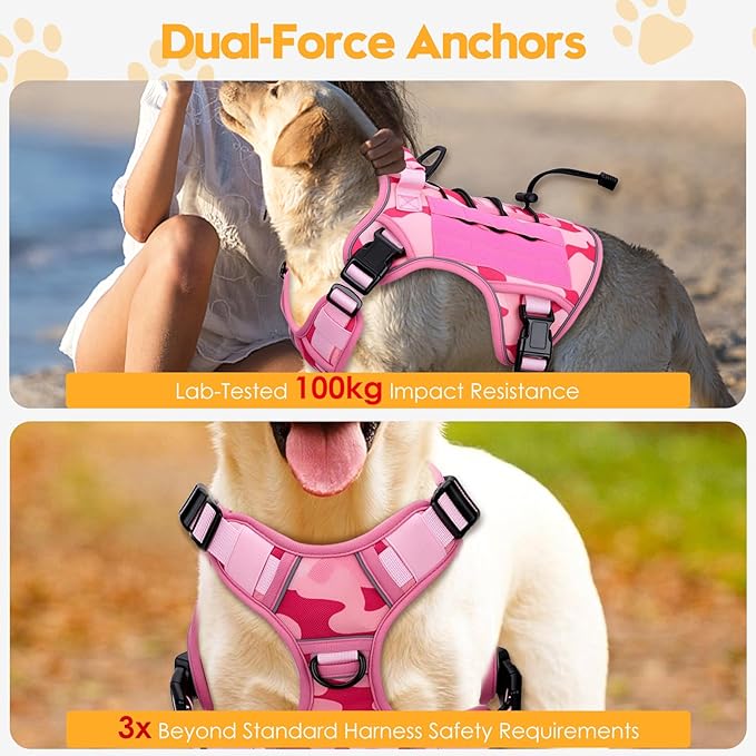 Heavy-Duty Tactical Dog Harness for Large Dogs, No Pull Adjustable Reflective Pet Vest with Molle System, K9 Military-Grade Control for Service Training, Outdoor & 10+ Breeds, Pink Camo, XX-Large