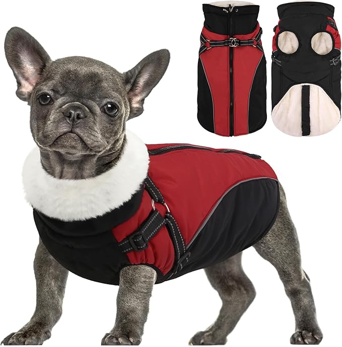 Queenmore Winter Dog Jacket with Harness Built-in, Fleece Padding Coat for Small Dogs, Cold Weather Snowsuit Parka Jacket - Extra Warm, Waterproof, Reflective, Easy On, Adjustable - Red/Black S