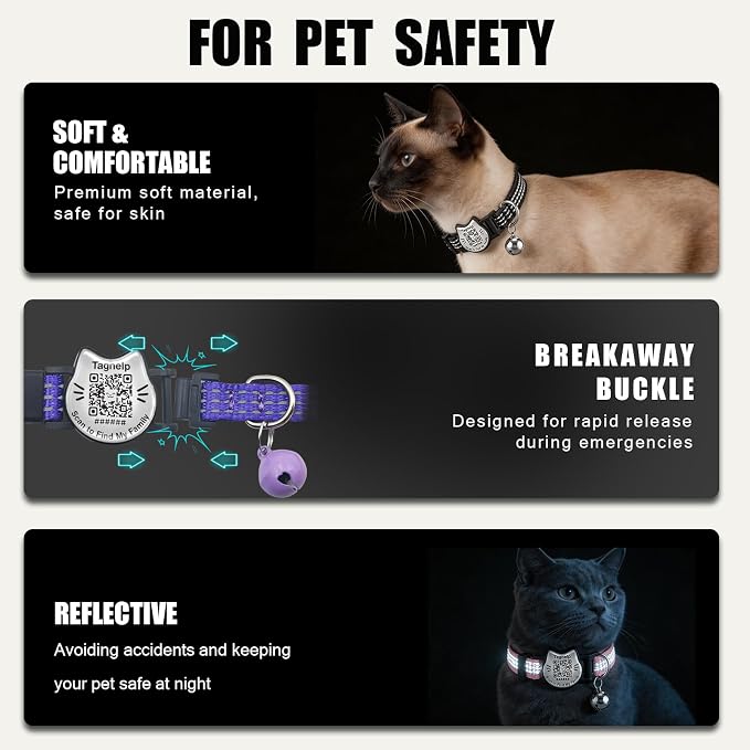 Breakaway Cat Collar with QR Code Tag and Bell (Blue & Orange) | Reflective Nylon, Quick-Release Buckle