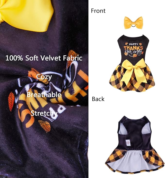 CuteBone Happy Thanksgiving Day Dog Fall Dress Costume Velvet for Small Dogs Girl Puppy Dresses Yellow Plaid Dog Clothes CVA03S-D
