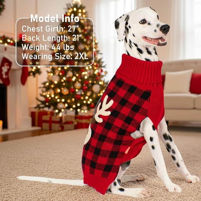 KYEESE Dog Christmas Sweater with Reindeer Pattern,Cozy Large Dogs Christmas Red Buffalo Plaid Knitwear, Turtleneck Dog Sweater for Large Dogs with Leash Hole, Soft Warm Pet Clothes, XXXX-Large