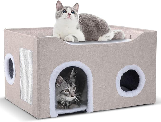 Gosipeya Cat House for Indoor Cats – Foldable Cat Cave & Covered Cat Bed, Cozy Hideaway for Small Pets and Large Cats (23.6"x16"x12.8"),Beige