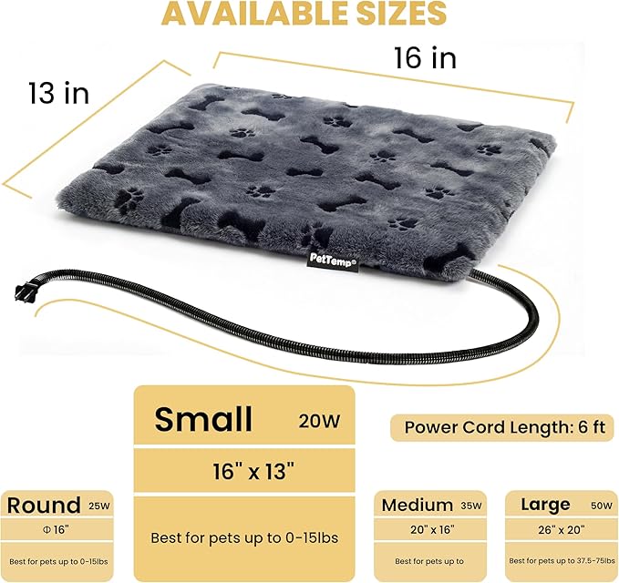 PetTemp Pet Heating Pad for Cats Dogs Indoor & Sheltered Outdoor Waterproof Heated Cat Bed Heated Dog Bed Chew Resistant Cord Constant Temperature Gray Paw Print 16 x 13 Inch