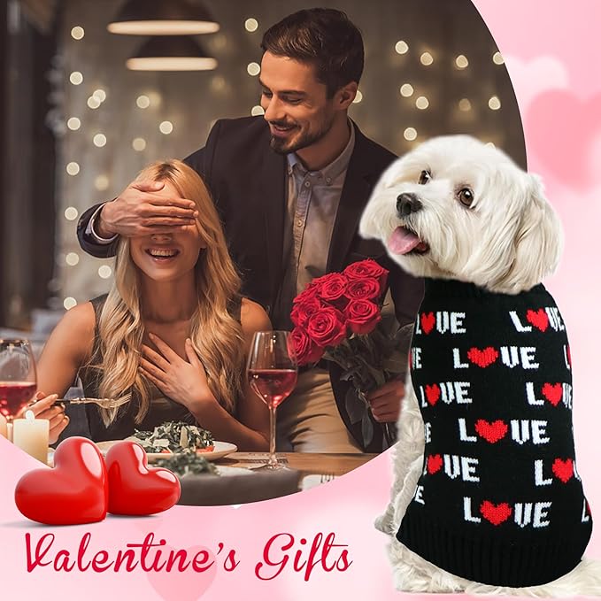 Valentines Dog Sweater, Dog Valentines Clothes Outfit Knitted Sweaters for Small Medium Large Dogs Pets (Black Love, Medium)