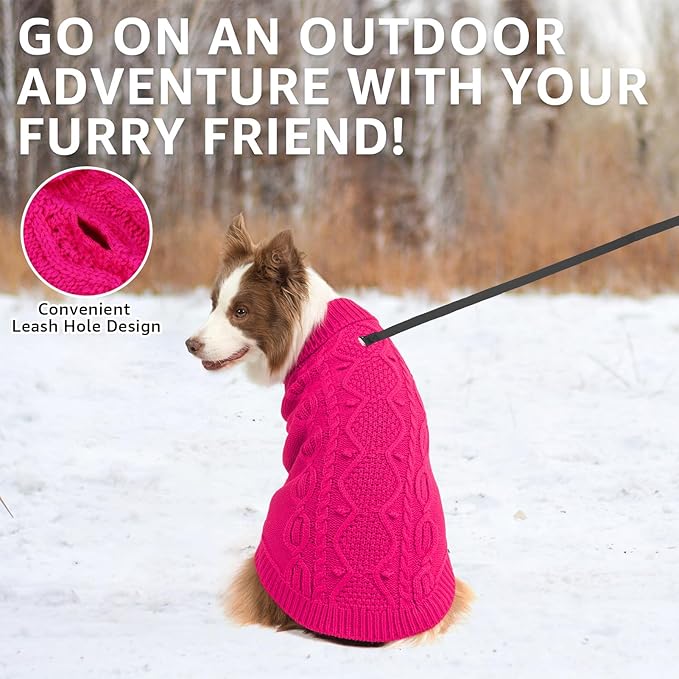 SCENEREAL Knitted Dog Sweater for Large Medium Small Dogs, Cat Dog Winter Coat Warm Sweatershirts Outfits, Classic Pet Clothes with Leash Hole, Soft Pet Knitwear Apparel for Girls Boys, Rose Red XL