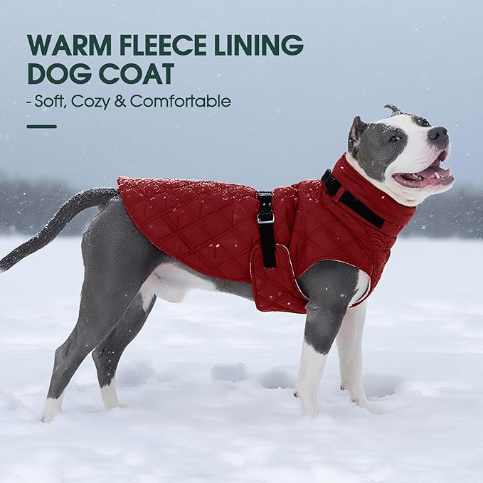 Kuoser Dog Coat Warm Fleece Lining Turtleneck Dog Jacket with Harness Built-in, Adjustable Windproof Cold Weather Coats with Quick Release Buckle Pet Winter Snowsuit for Extra Small Dogs, Red XS