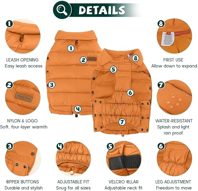 SPACE LION Dog Puffer Jacket, Down Winter Coat, Durable Outdoor Coat for Cold and Windy Conditions, Lightweight & Adjustable Fit Coats for Small Dogs, (Orange, Size 10 Gift Box)